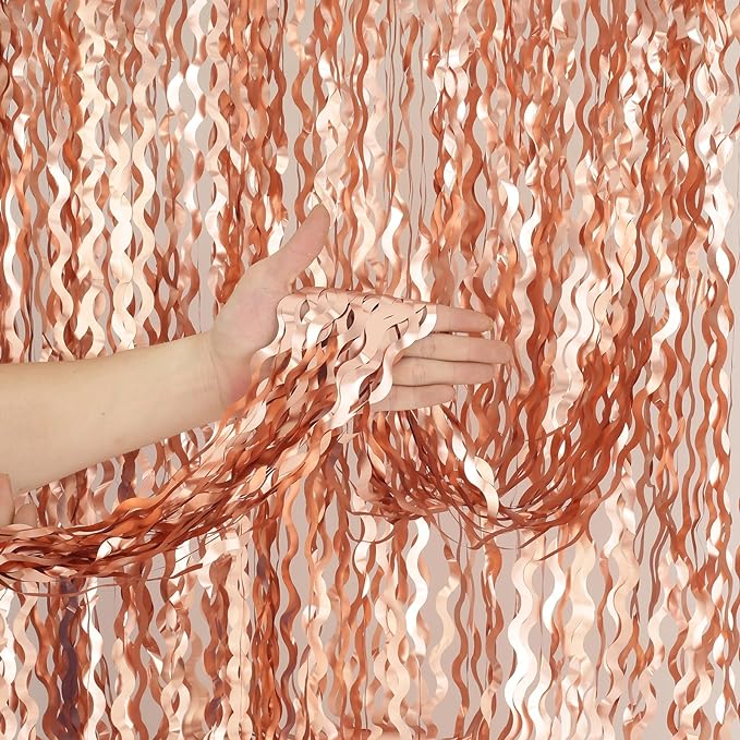 4 Pack Rose Gold Backdrop Birthday Decorations - 3.3x6.6ft Wavy Tinsel Foil Backdrop Party Streamer Party Supplies Background | Tinsel Curtain Backdrop for Parties