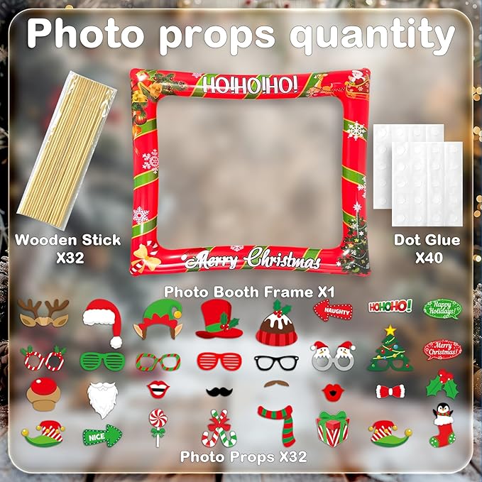 Christmas Photo Booth Props Inflatable Frame, 32Pcs Christmas Party Photo Booth Props with Inflatable Picture Frame Large for Xmas Holiday Party Selfie Supplies