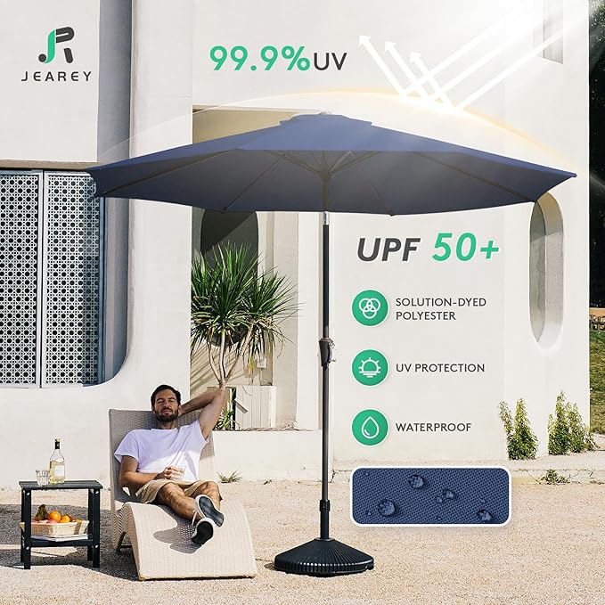 JEAREY 10FT Outdoor Patio Umbrella Outdoor Table Umbrella with Push Button Tilt and Crank, Market Umbrella 8 Sturdy Ribs UV Protection Waterproof for Pool, Garden (Navy)