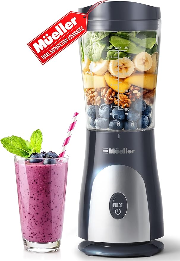Mueller Smoothie Blender for Smoothies - Personal Blender for Shakes, Frozen Drinks, Baby Food & More, 15oz Travel Cup and Lid, Durable Stainless Steel Blades for Powerful Blending Performance