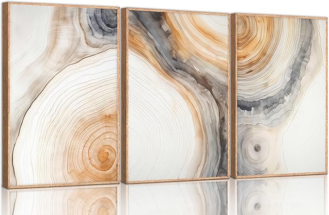 3 Pcs Beige Tree Rings Canvas Wall Art Modern Neutral Abstract Geome Nature Tree Ring Paintings Pictures Wall Decor Poster Print Artwork for Living Room Bedroom Office Home Decoration Unframed