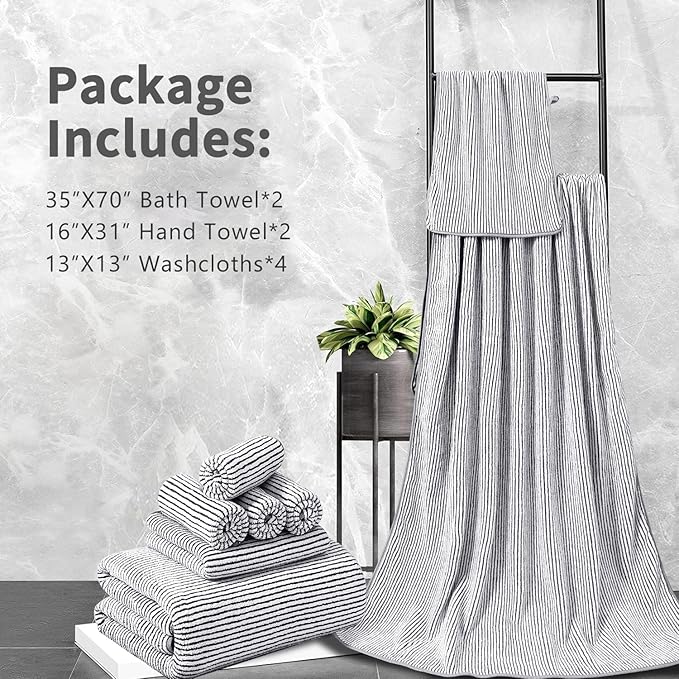 8-Piece Premium Towel Set for Bathroom|2 Oversized Large Bath Sheet,2 Hand Towels,4 Washcloths|Soft Cozy Highly Absorbent Fast Dry Microfiber Shower Towel Set for Hotel Bathroom Essentials,Black White