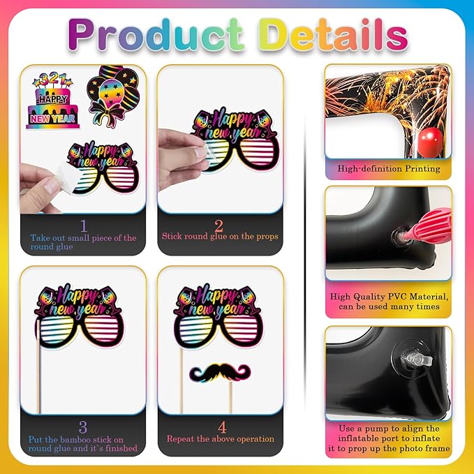 2026 New Year Photo Booth Inflatable Frame Kit, 30Pcs Fluorescent Color New Years Photo Booth Props with Inflatable Picture Frame for New Year Eve Party Selfie Props Supplies