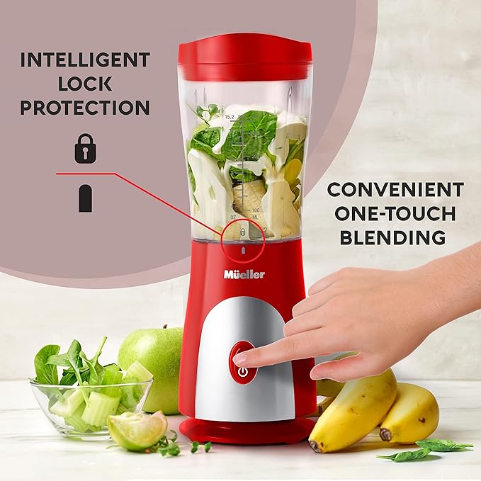 Mueller Smoothie Blender for Smoothies - Personal Blender for Shakes, Frozen Drinks, Baby Food & More, 15oz Travel Cup and Lid, Durable Stainless Steel Blades for Powerful Blending Performance, Red