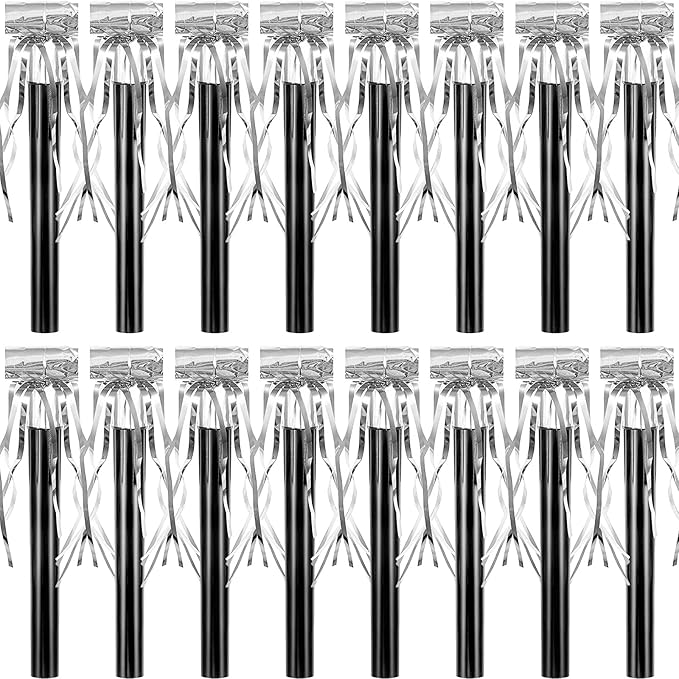 Skylety 18 Pcs Party Blower Noisemakers Party Squawkers Blowouts Whistles Fringed Noise Maker Musical Blowouts for Birthday Supplies(Black and Silver)
