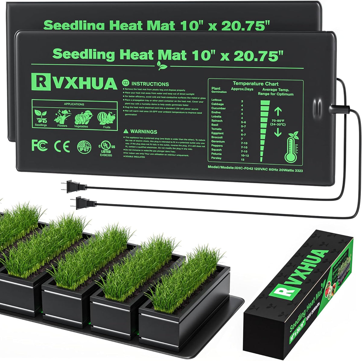 10 x 20.75Inch Seedling Heat Mat for Rapid Seed Germination, Waterproof Plant Heating Pad Seed Starter Warming Mat Indoor for Greenhouse Hydroponic Propagation Brewing Terrarium Reptile,2 Packs