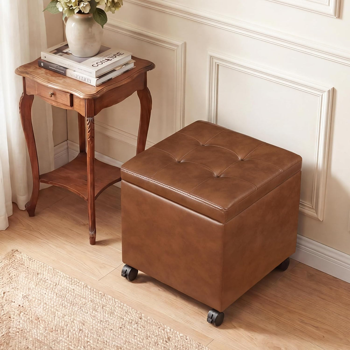 15 inch Square Storage Ottoman with Wheels and Tray Lid, Faux Leather Tufted Storage Cube Coffee Table, Movable Ottoman with Hidden Storage for Living Room, Bedroom