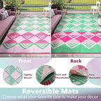 Beeiva Waterproof Outdoor Rug 8x10, Reversible Plastic Straw Patio Mat, Modern Geometric Large Outdoor Camping Rugs for Porch, Deck, Backyard, Balcony, Picnic - Pink & Green