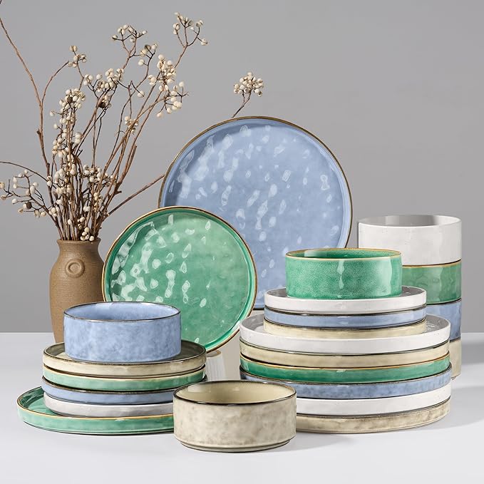 HaWare Dinnerware Sets, 24-Piece Plates and Bowls Set, Stoneware Dish Set for 8, Ceramic Dinnerware for Home Restaurant, Chip and Scratch Resistant, Microwave and Dishwasher Safe, Multicolor