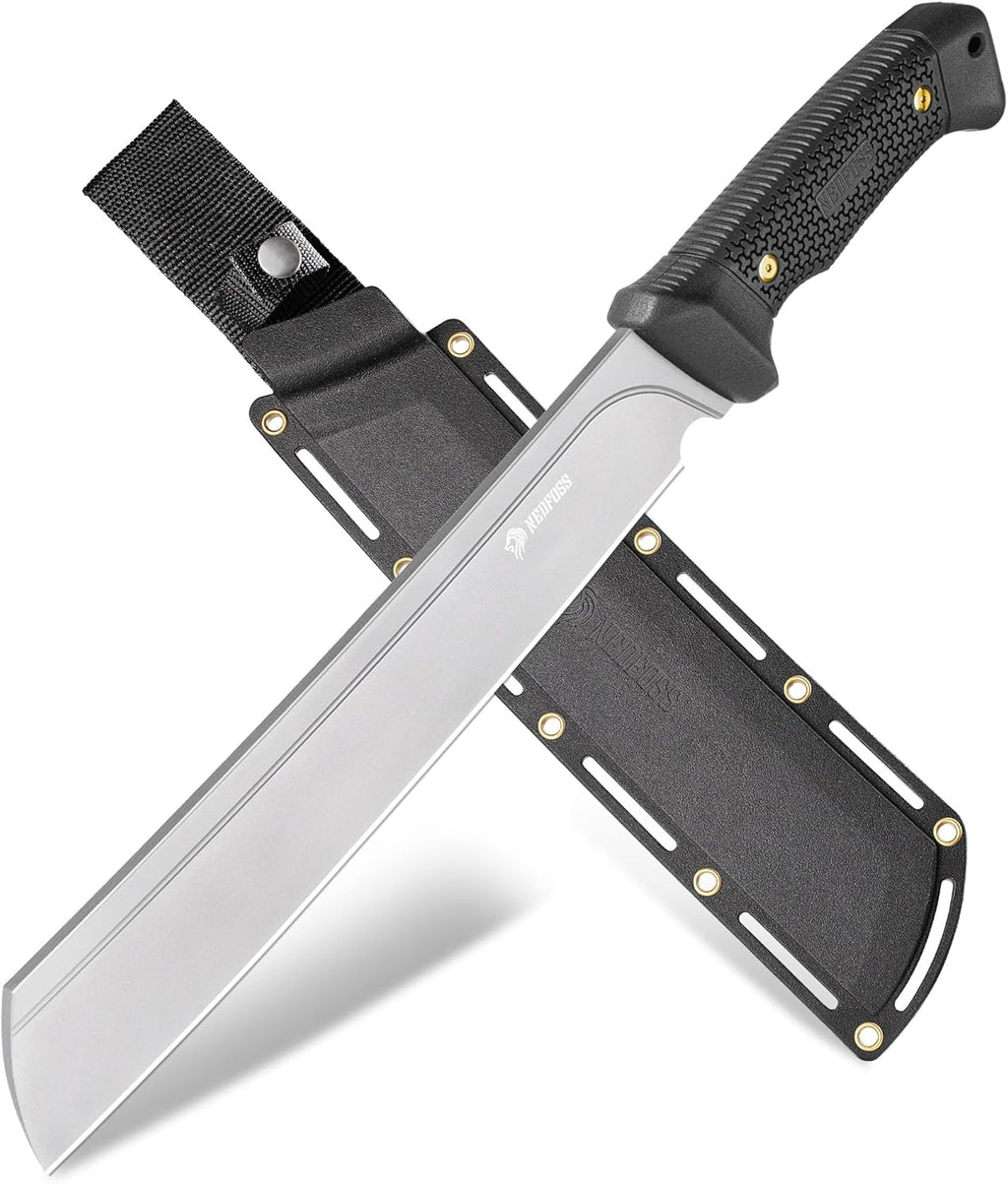 NedFoss 16" Survival Machete with Sheath, D2 Steel 0.22" Thick Full Tang Blade Machete Knife with Flat Grinding, Machete for Cutting Trees, for Yard Work, Clearing Brush with TPE Handle