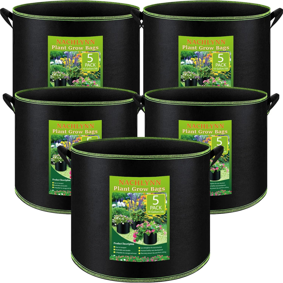 NACHLYNN 5-Pack 10 Gallon Grow Bags with Handles Thickened Nonwoven Fabric Pots Heavy Duty Aeration Fabric Pots Plant or Fruits Flowers Plant