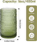 AkutaaVintage Hobnail Drinking Glasses Set of 12, 16 oz Large Capacity Embossed Green Tumblers, Highball Glasses for Water, Cocktail, Beer, Whiskey, Kitchen & Bar Use