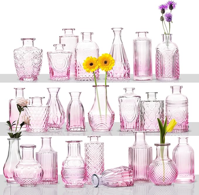 Ollieroo 24Pcs Glass Bud Vases Set, Small Pink Vases in Bulk for Flowers Arrangements, Floral Vintage Rustic Vase for Wedding Party Centerpiece Table Decorations, Entryways, Home