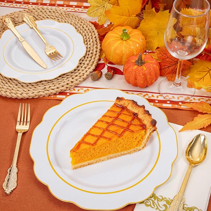 NOCCUR 175PCS Gold Plastic Plates with Disposable Silverware - White Gold Plastic Tableware Include 25 Dinner /25 Dessert Plates, 75 Cutlery, 25 Cups, 25 Napkins - Ideal for Fall Party&Thanksgiving