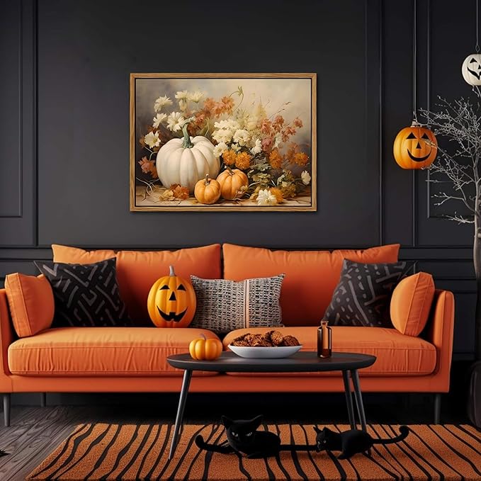 Framed Fall Pumpkin Canvas Wall Art - Farmhouse White & Orange Pumpkins Still Life Pictures Prints, Autumn Halloween Thanksgiving Wall Decor for Living Room Kitchen 12x16 inch