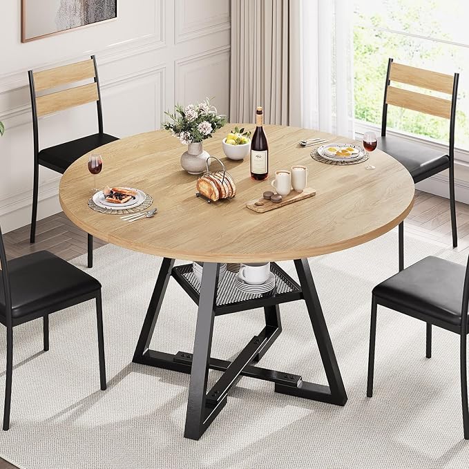 42'' Round Dining Table for 4,Kitchen Dining Room Circle Dinner Pedestal Table,Space Saving Wood Kitchen & Dining Room Furniture (Natual Wood, 42In)