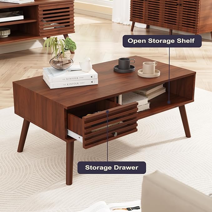 Coffee Table, Mid Century Modern Table with Storage, Living Room Center Table with Slatted Panel Drawer, Fluted Wood Coffee Table with Open Shelf for Living Room, Walnut