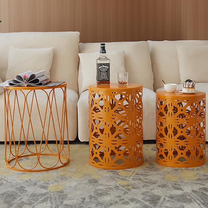 Y&M Patio Side Table,Indoor End Tables for Bedroom, Set of 3 Stacking Coffee Table for Living Room, Outdoor Decorative Garden Stool with Heavy Duty Metal Frame Modern Industrial Decor - Orange