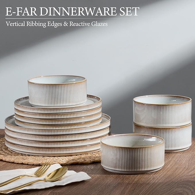 E-far 24-Piece Stoneware Dinnerware Sets, Plates and Bowls Sets for 8, Kitchen Modern Dinning Porcelain Dishes Set, Chip & Scratch Resistant, Dishwasher & Microwave Safe, Creamy Beige