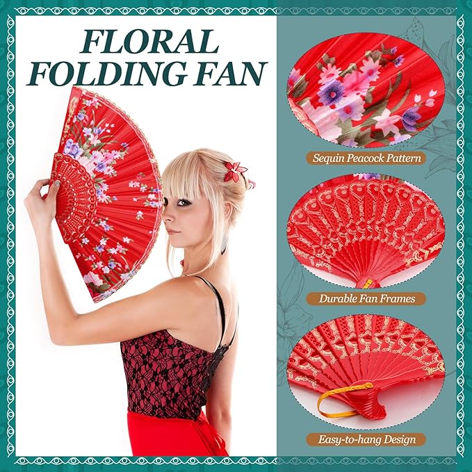 Geetery 30 Pcs Folding Hand Fan for Line Dancing Spanish Boots on The Ground Fans Gifts Bulk Colorful Silk Popping Rave for Women Tea Party Wedding Church Halloween Costume(Floral,Classic Colors)
