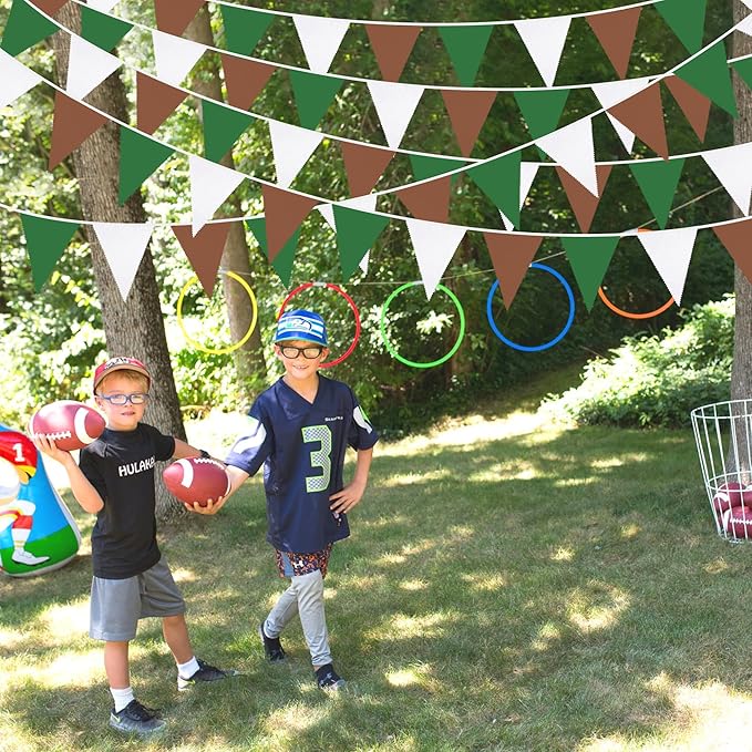 32Ft Green Brown White Party Decorations Brown Green Pennant Banner Fabric Triangle Flag Bunting Garland Streamers for Football Camping Birthday Baby Shower Jungle Safari Rugby Sport Party Decor