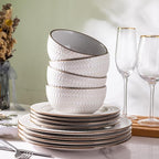 GBHOME Ceramic Dinnerware Sets,12 pcs Embossed Elegant Stoneware Plates and Bowls Sets, Housewarming Wedding Gift | Dishwasher & Microwave Safe | Dishes Set Service for 4