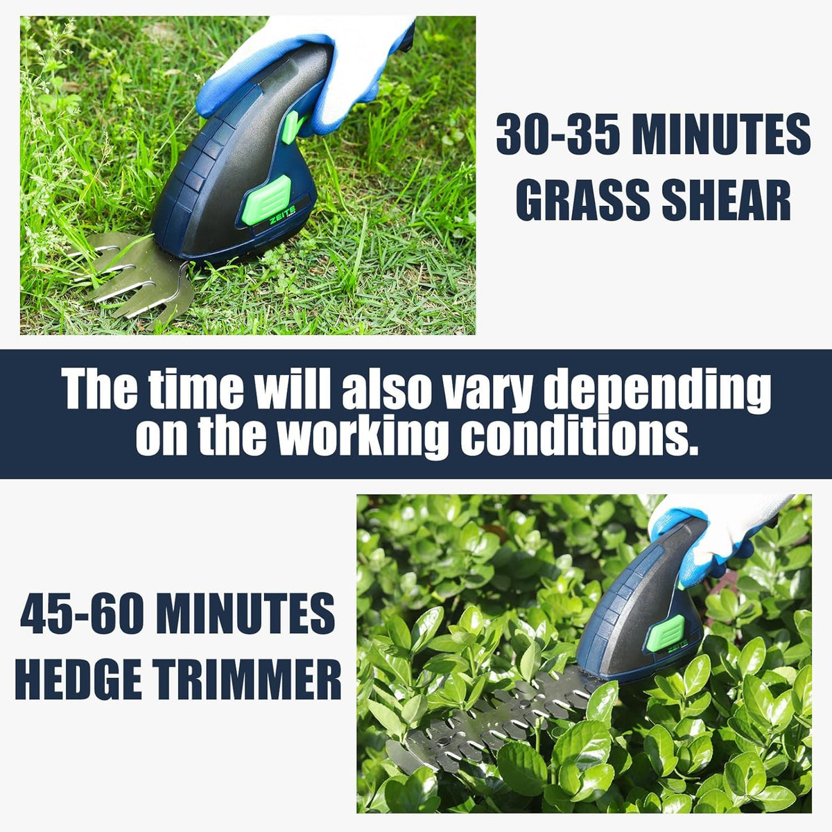 ZEITE 7.2V Grass Shear & Shrubbery Trimmer, 2-in-1 Cordless Grass Cutter and Mini Hedge Trimmer, Rechargeable Li-ion Battery and Charger,Long Handle,Versatile Garden Tool for Grass & Bush Trimming