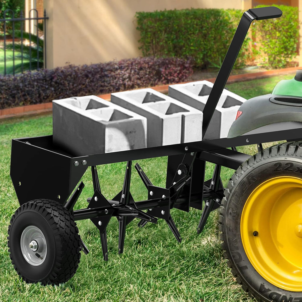 YITAMOTOR 48" Tow Plug Lawn Aerator with Universal Hitch,Black Painted Galvanized Steel with Tray and Inflatable Wheels, Lawn Aerator Tow Behind for Garden, Farm and Lawn