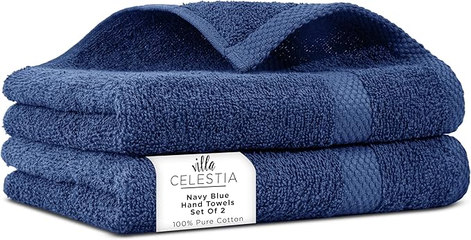 100% Cotton Hand Towel Set of 2, (16 x 28 inches) Sustainable, Soft, Highly Absorbent, Quick Drying, Combed Cotton Hand Towels Pack of 2 Ideal for Hotels, Spa, Bathroom, Dorm, Navy Blue