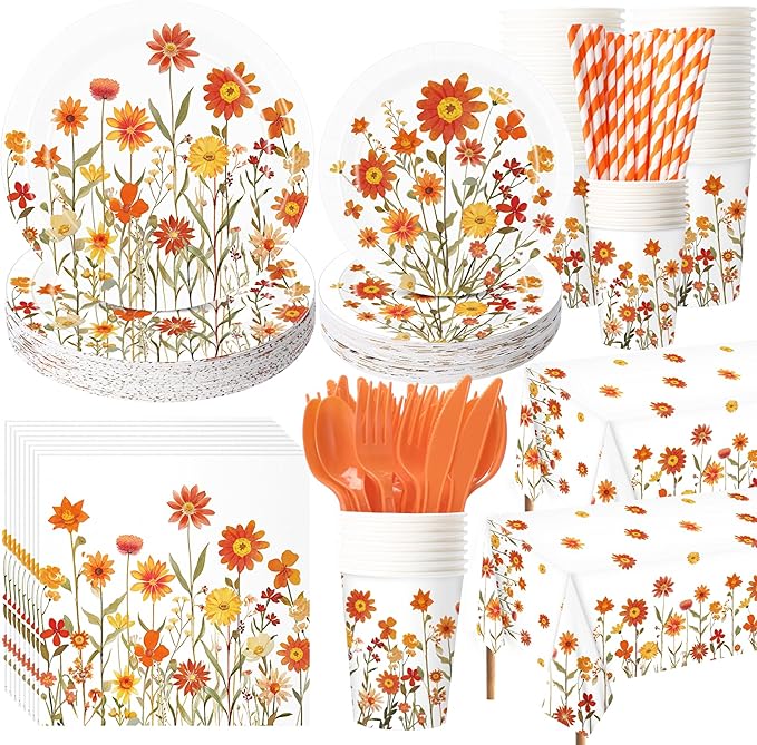 452 Pcs Fall Floral Party Supplies Orange Wildflower Tableware Set, Fall Floral Paper Plates Napkins Cups Tablecloth Cutlery Straw for Thanksgiving Autumn Harvest Wedding Birthday Decoration