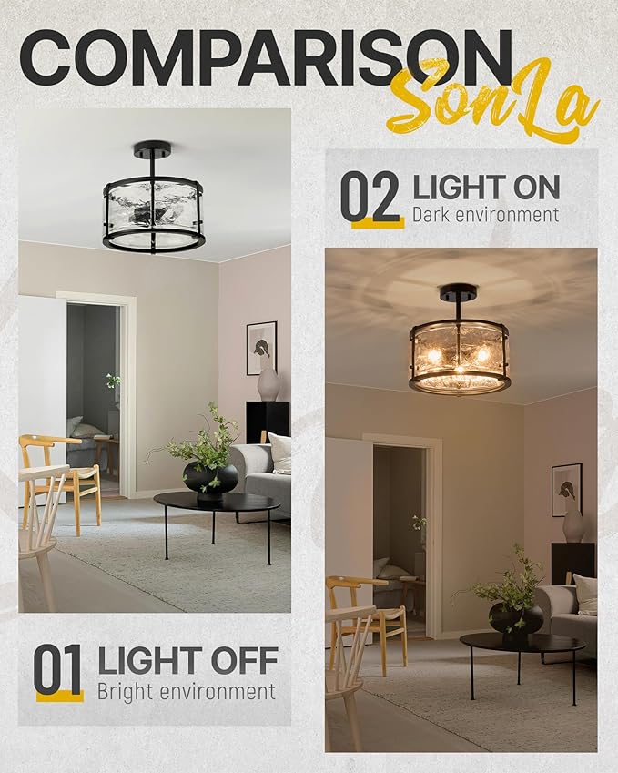 Semi Flush Mount Ceiling Light Fixturs - Black Ceiling Lights - 14inch Ceiling Light Fixtures with Glass - E12 3-Light Hallway Lighting Fixtures C2118-BK