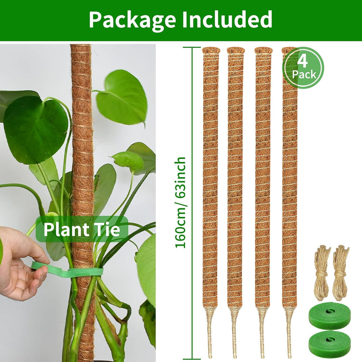 4 Pack Moss Pole, 63-Inch Moss Poles for Plants Monstera,Bendable Plant Support Stakes for Climbing Plants Indoor, Garden Trellis Plant Stick for Potted Plants, Pothos Philodendron
