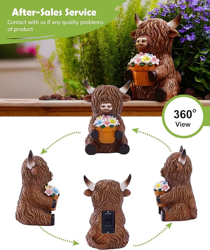 Nacome Solar Garden Highland Cow Holding Succulent Planter with LED Lights Outdoor Decor for Outside Yard Patio Balcony Porch Decorations - Birthday Gifts Mom Grandma Women(Brown)