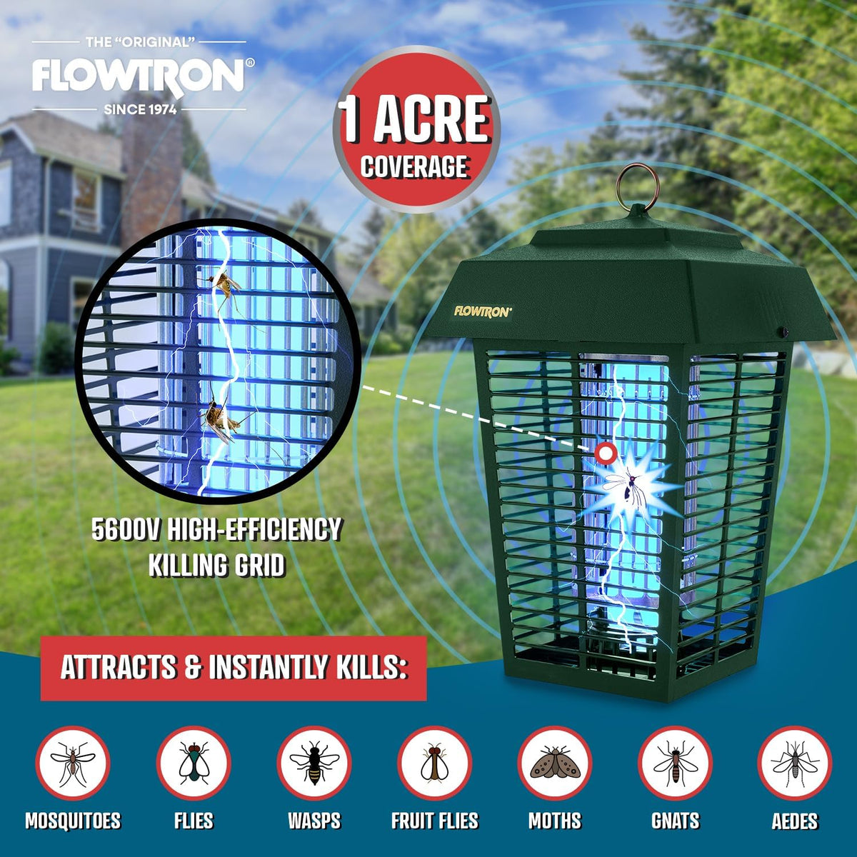 Flowtron Bug Zapper, 1 Acre of Outdoor Coverage with Powerful 40W Bulb & 5600V Instant Killing Grid, Electric Insect, Fly & Mosquito Zapper, Made in The USA - Green Color