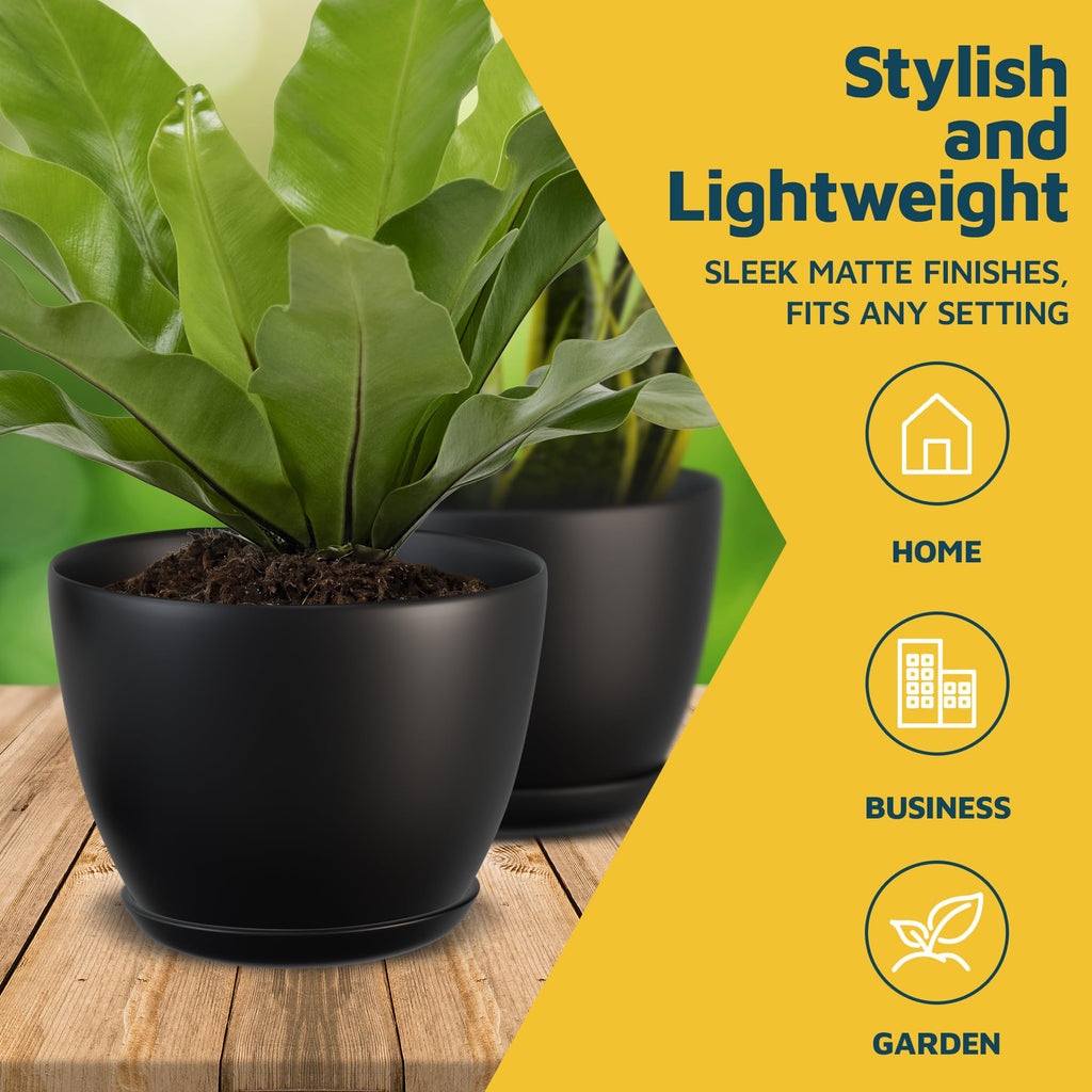 Lifemaster Plant Pots with Multi Drainage Holes - 10 Pieces Versatile, Sturdy Plastic, Stackable Design Home Decor Flower Pots for Indoor and Outdoor Gardening - Black