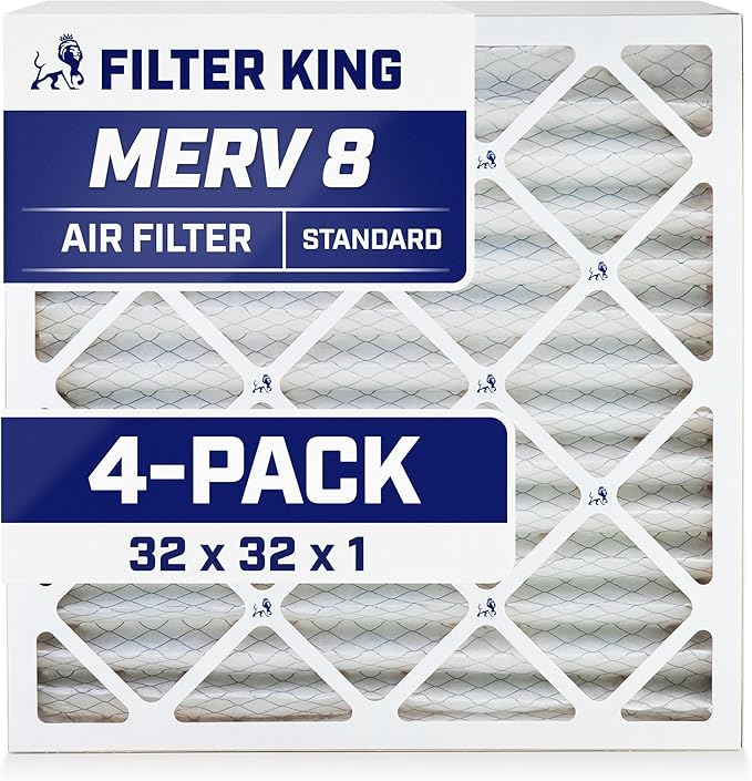 Filter King 32x32x1 Air Filter | 4-PACK | MERV 8 HVAC Pleated A/C Furnace Filters | MADE IN USA | Actual Size: 32 x 32 x .75"
