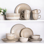 AmorArc Stoneware Dinnerware Sets for 6, 18 Pieces Handpainted Ceramic Plates and Bowls Set, Scratch Resistant Dishes Set, Dishwasher & Microwave Safe, Cappuccino