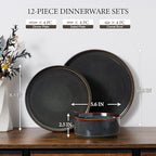 E-far 12-Piece Plates and Bowls Sets, Stoneware Dinnerware Dishes Sets for 4, Kitchen Modern Dining Dishware, Chip & Scratch Resistant, Microwave & Dishwasher Safe, Blackish Green