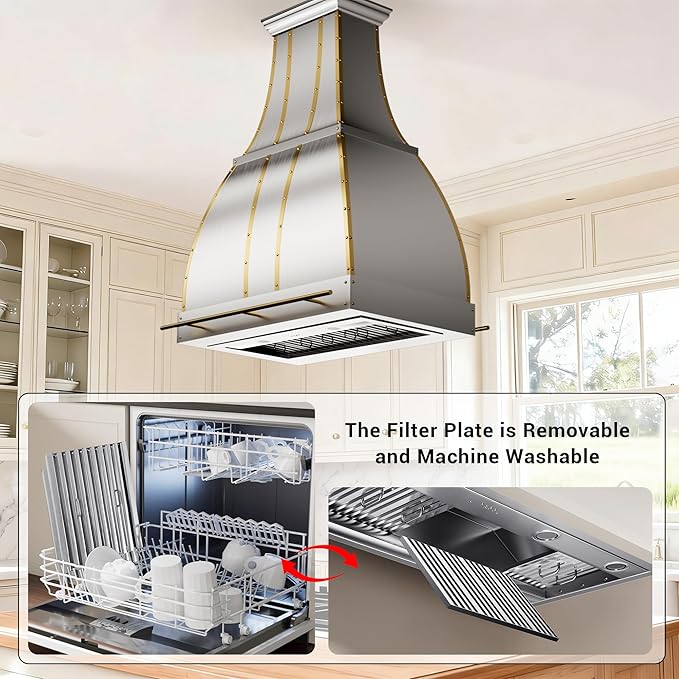 CHETTO C Stainless Steel Range Hood Cover with Quiet Vent Hood Insert Custom Handcrafted Metal Kitchen Fan with Towel Rack LED Light 36"W x27"D x33"H Brushed Stainless Steel Island Mount