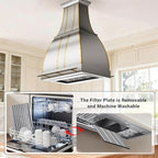 CHETTO C Stainless Steel Range Hood Cover with Quiet Vent Hood Insert Custom Handcrafted Metal Kitchen Fan with Towel Rack LED Light 30"W x27"D x48"H Brushed Stainless Steel Island Mount