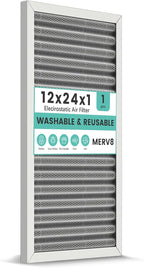 12x24x1 HVAC Furnace Air Filter, Washable Electrostatic Furnace Filter, MERV 8, Lasts a Lifetime, Breathe Fresher, Home And Office (Actual Size:11.38x23.38x0.82 Inch)