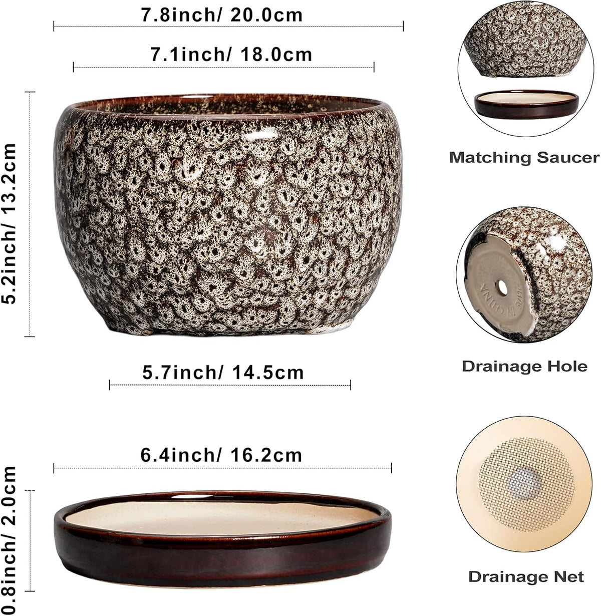 SQOWL Ceramic Planter - 8 inch Plant Pot Indoor with Drainage Hole and Plant Saucer, Round Ceramic Flower Pots Outdoor, Decorative Modern Planter, Office Kitchen Decor, Gifts for Women Men, White
