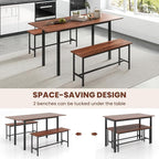 Giantex 3-Piece Dining Table Set for 4-8, 63” Extendable Dining Table with 2 Benches, Metal Frame, Dinette Table Set for Dinner, Breakfast Nook, Kitchen, Living Room, Restaurant, Walnut