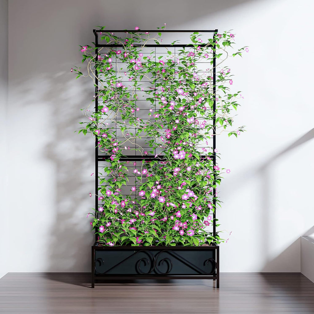 Zhongma Metal Planter with Trellis Raised Bed with Trellis for Vine Climbing Plants Flowers(12.8 x 35.43 x 74 in), 74 Inch Height Privacy Screen with Hanging Plant Pot Shelf