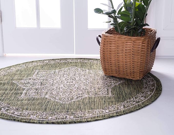 Unique Loom Outdoor Traditional Collection Area Rug - Antique (4' 1" Round, Green/ Gray)