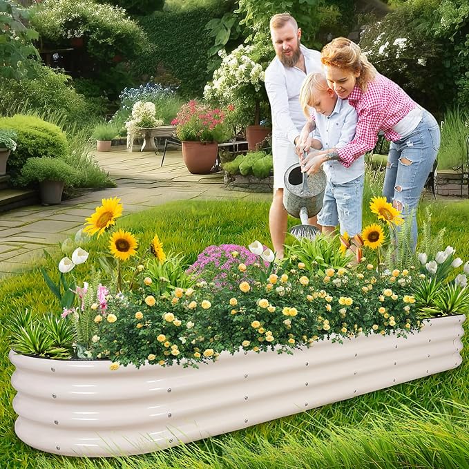 1MORE Galvanized Raised Garden Bed- Planter Garden Boxes Outdoor, Raised Beds for Gardening, 8x2x1ft Metal Garden Bed Kit for Vegetables Flower, Planter Raised Beds with Protective Tape & Tools.White