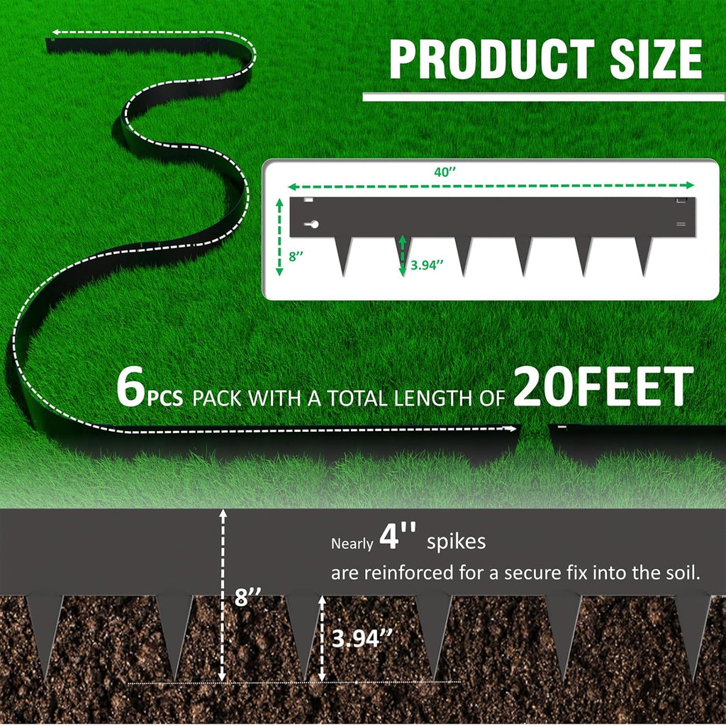 20ft. Galvanized Steel Landscape Edging (6-Pack) – 40" x 8" Metal Garden Border, Hammer-in Lawn Edging for Landscaping, Tree Rings, Yard & Pathway – Black Steel Lawn Edge for Garden Design