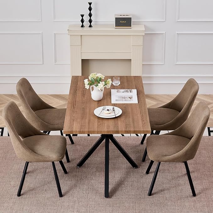 55.1 Inch Dining Table for 4 6 People Rectangular Wooden Kitchen Tables Mid Century Modern Dinner Table Long Dinning Room Table with Metal Cross Legs for Kitchen Living Room Comedor(Brown)