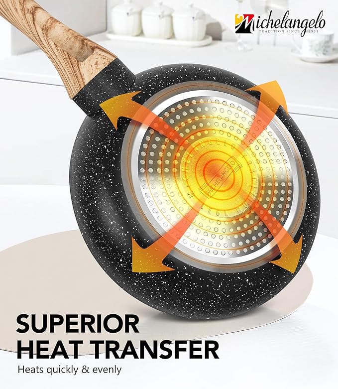 MICHELANGELO 10 Inch Frying Pan with Lid, Nonstick Frying Pan with Healthy Granite Coating, Nonstick Pan with Anti-Scald Handle, Induction Compatible