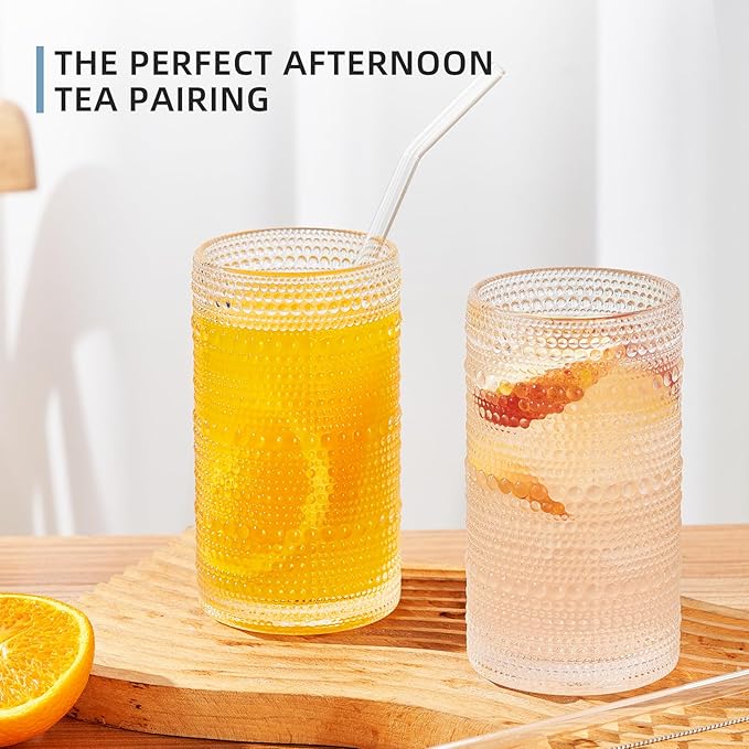 16oz Hobnail Drinking Glasses Set of 6, Vintage Large Capacity Embossed Clear Tumblers, Highball Glasses for Water, Cocktail, Beer, Whiskey, Juice & Bar Use